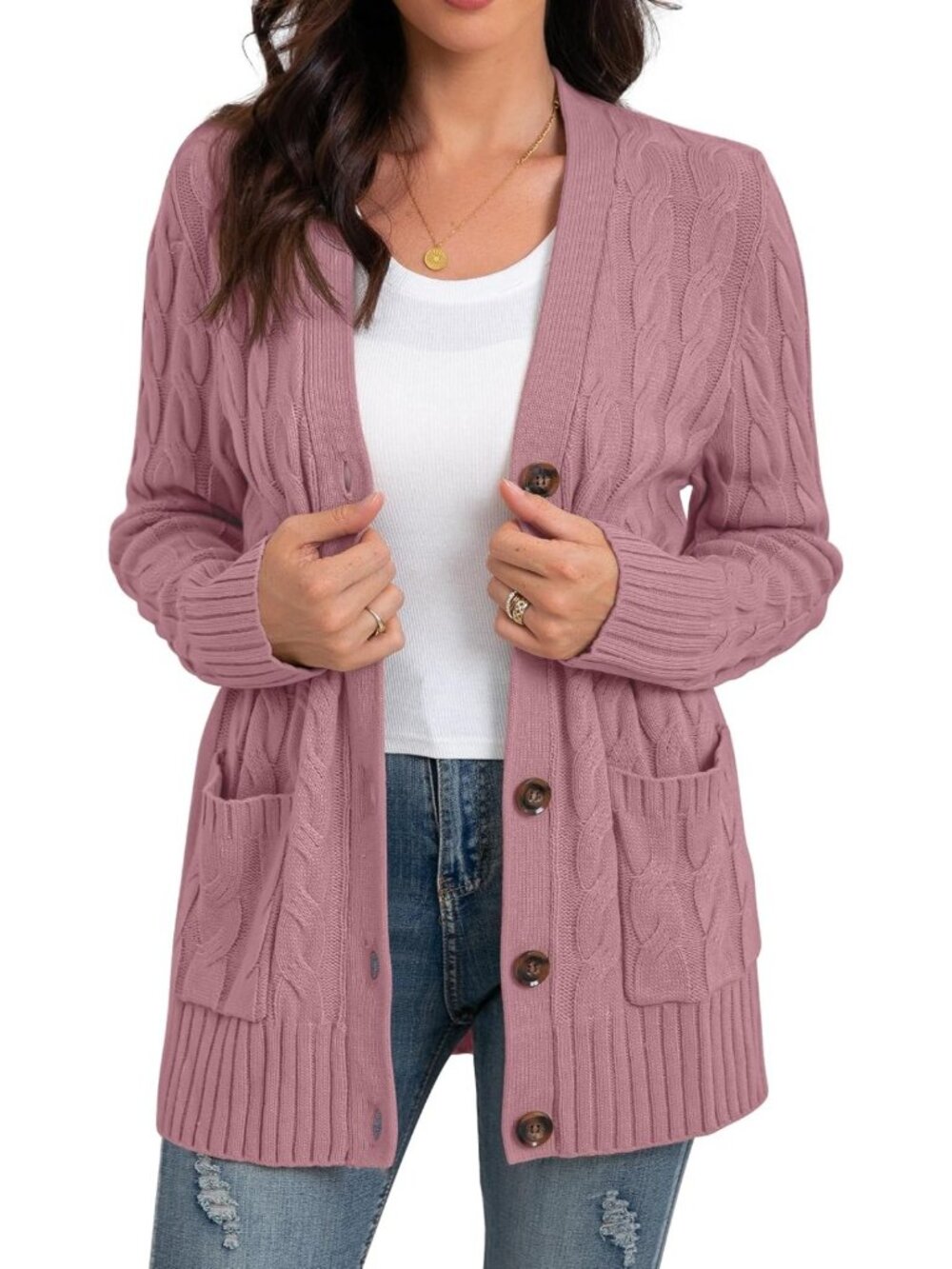 Cozy Long Sleeve Cable Knit Cardigan Sweater with Pockets for Women
